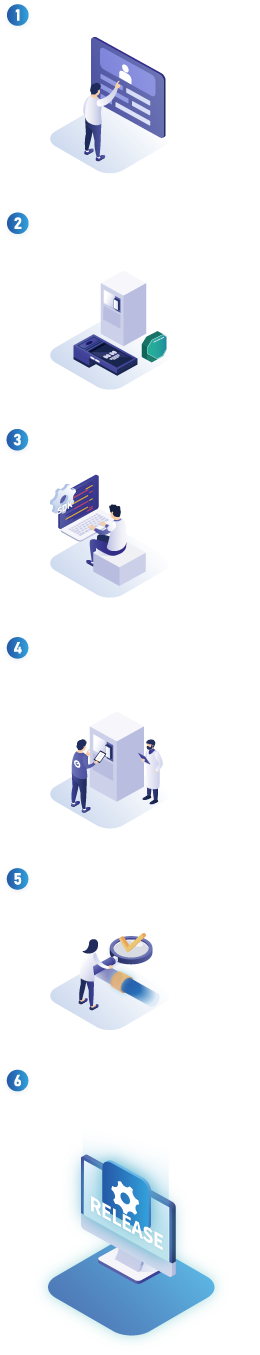 1.アカウント新規作成 2.決済端末選択 3.開発 4.EMVCo L3ブランドテスト(任意) 5.総合確認 6.システムの本番稼働開始