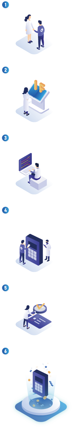 1.NDA締結 2.仕様開示 3.SO開発(2週間~4週間程度※)4.EMVCo L3ブランドテスト(任意)(6ブランドで最短3ヶ月程度※) 5.総合確認(1ヶ月程度※) 6.端末提供開始 ※スムーズな進行の場合
